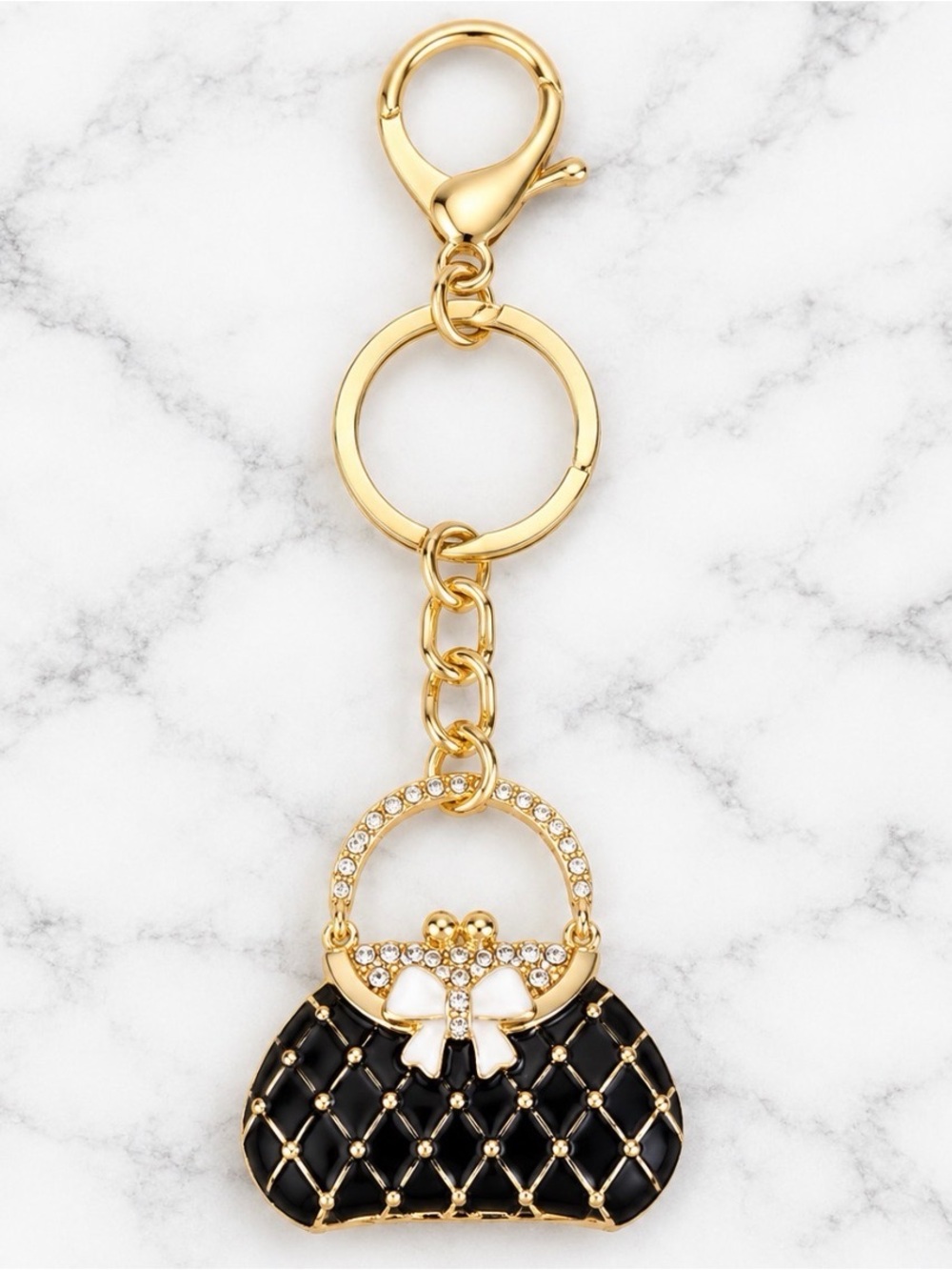 Bag Charm/Keyring- Black Enamel and White Rhinestone Accents Charm-Gold Hardware